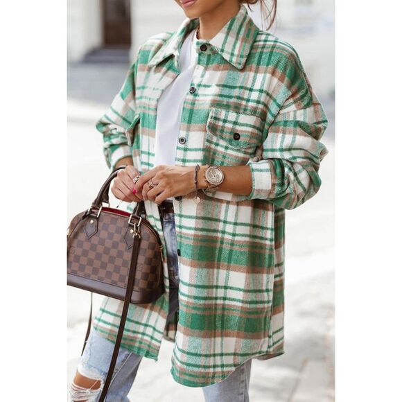 Azura Exchange  Green Plaid Flap Pocket Long Sleeve Shacket - Picture 4 of 7